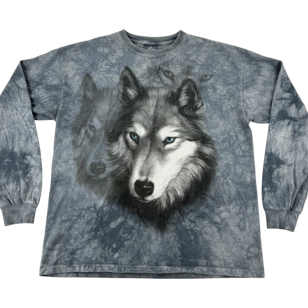 The Mountain Wolf Shirt Mens XL Long Sleeve Tie Dye Graphic Blue Eyes USA